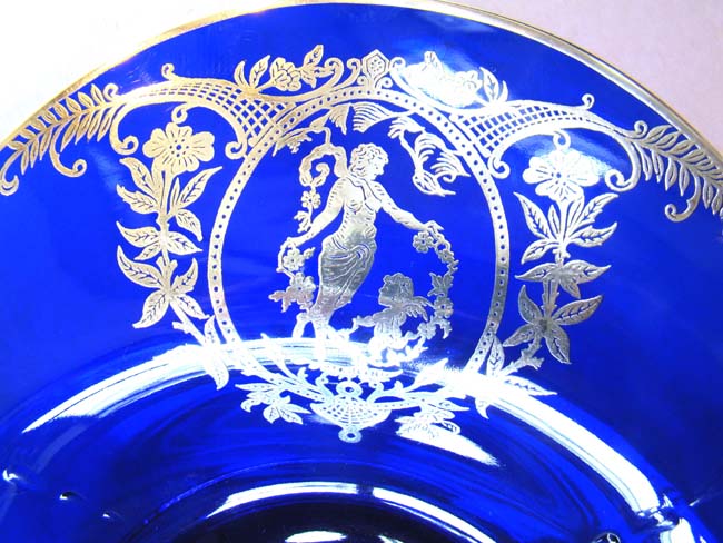 A stunningly beautiful vintage cobalt blue glass bowl with fabulous silver overlay